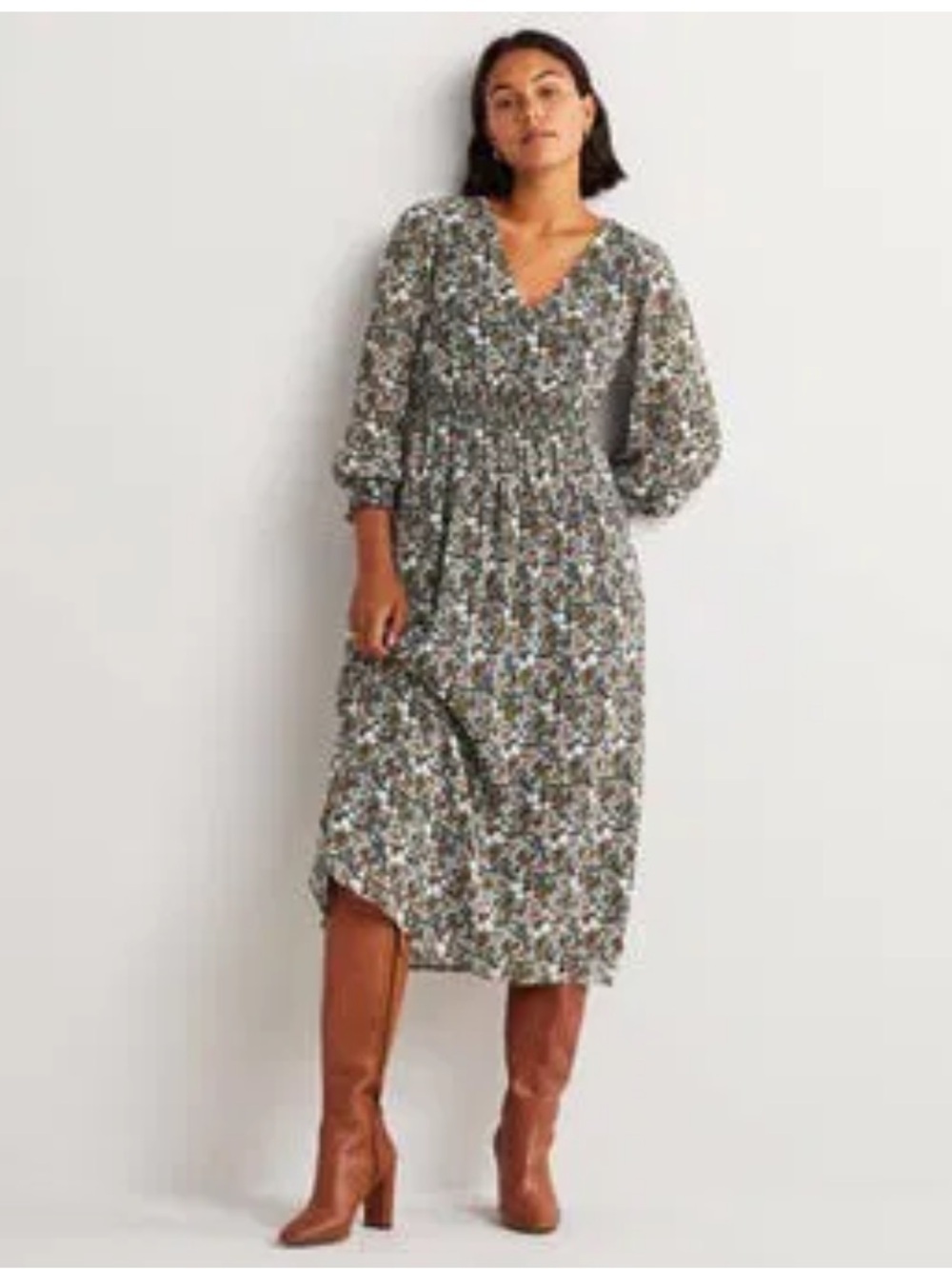 Boden Green Floral V‑Neck Smocked Midi Dress